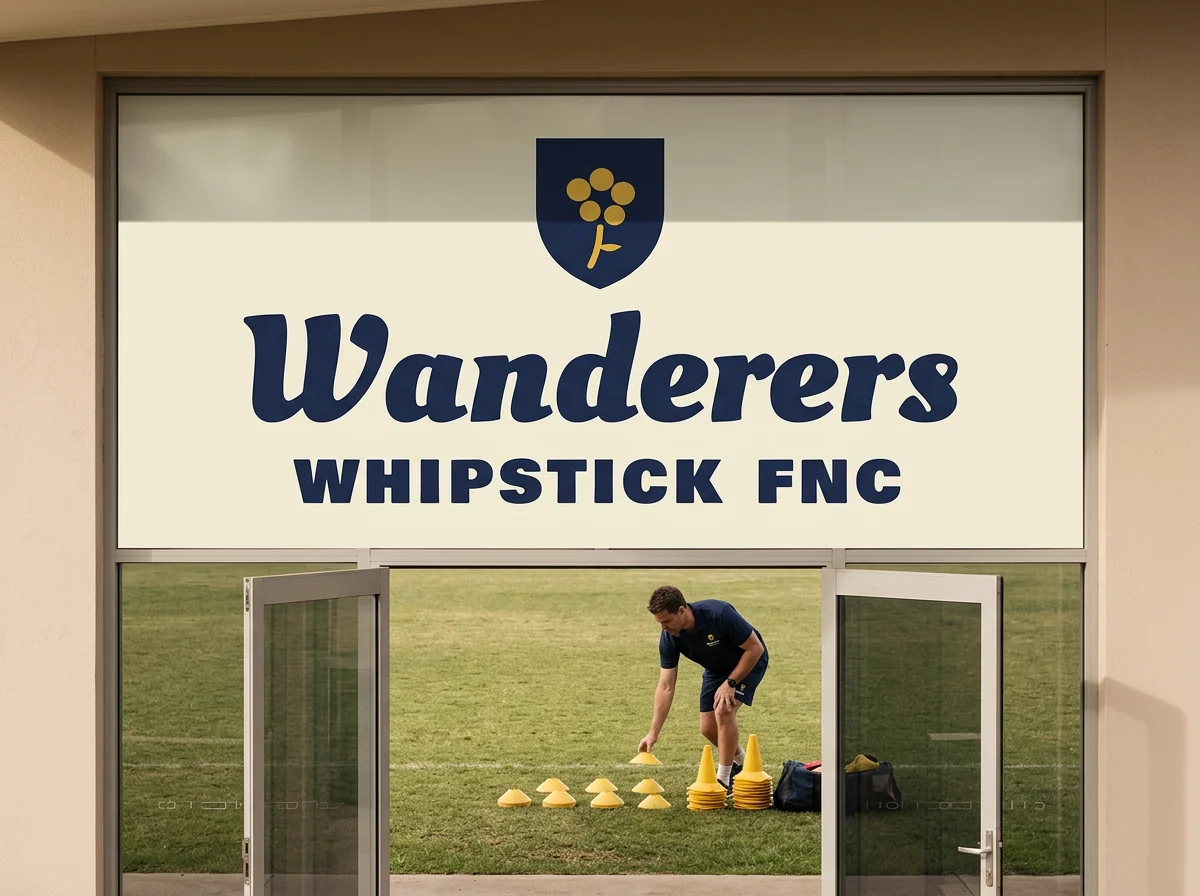 Large Format Signage for Whipstick Wanderers FNC: Eye-level view from the oval of the clubrooms' long glass window, a large printed vinyl window graphic applied across it and filling the upper frame