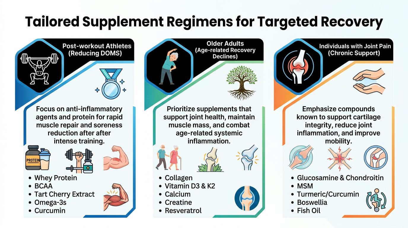An infographic showing tailored supplement regimens for post-workout athletes, older adults, and individuals with joint pain.