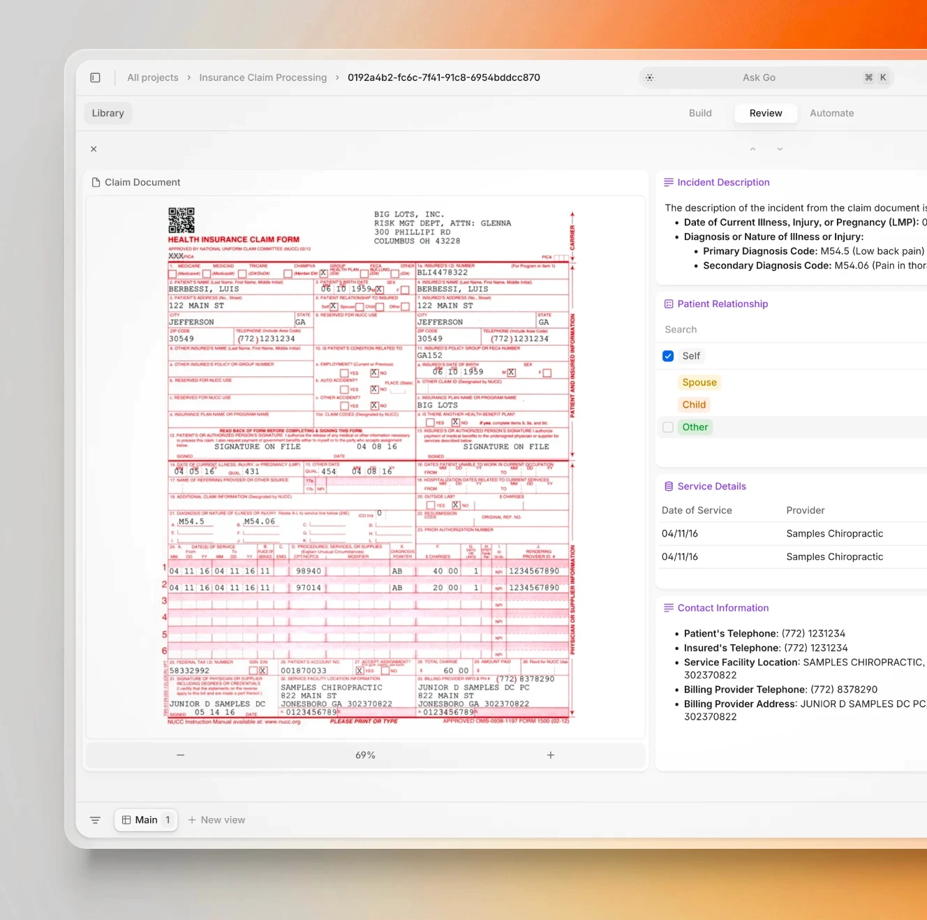 A digital interface displaying an AI-powered insurance claim processing tool. A scanned health insurance claim form with red markings is shown on the left, while an extracted structured data summary appears on the right, categorizing details such as patient relationship, service details, and contact information.