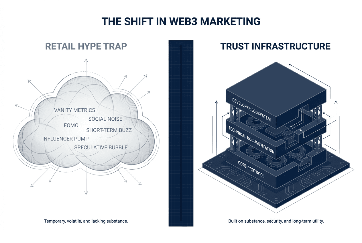 Comparison diagram showing the difference between superficial Web2 retail hype and the solid foundation of Web3 trust infrastructure marketing.