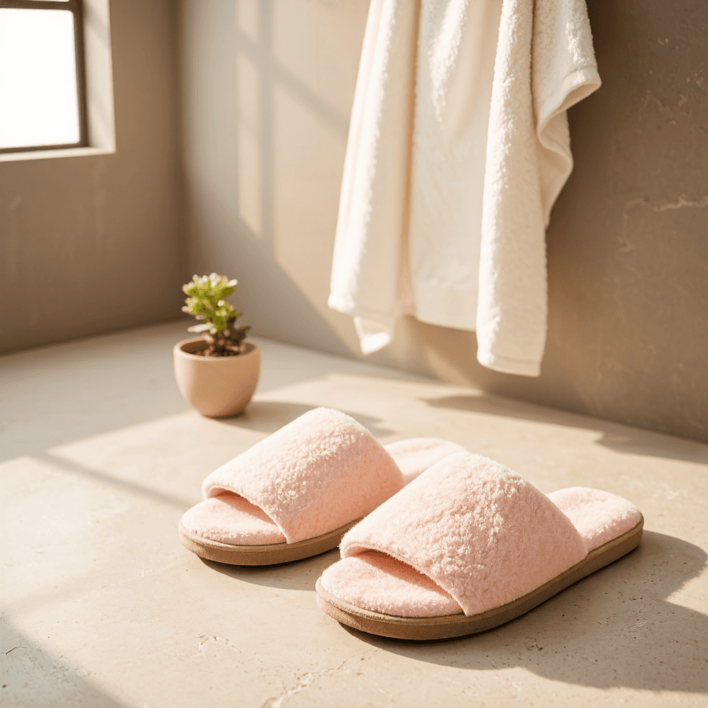 product photography of a pair of pink bathroom slippers