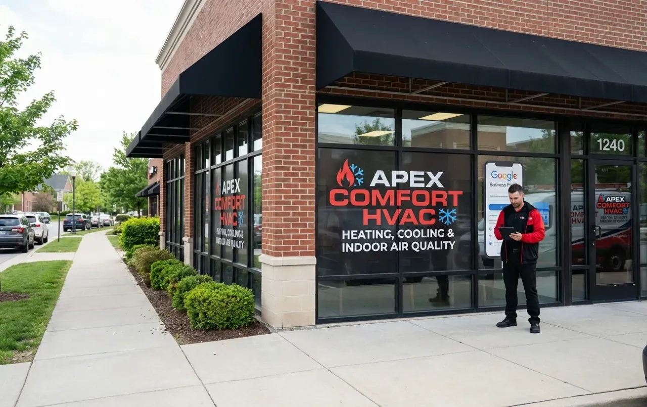 A man standing outside of a store with a sign