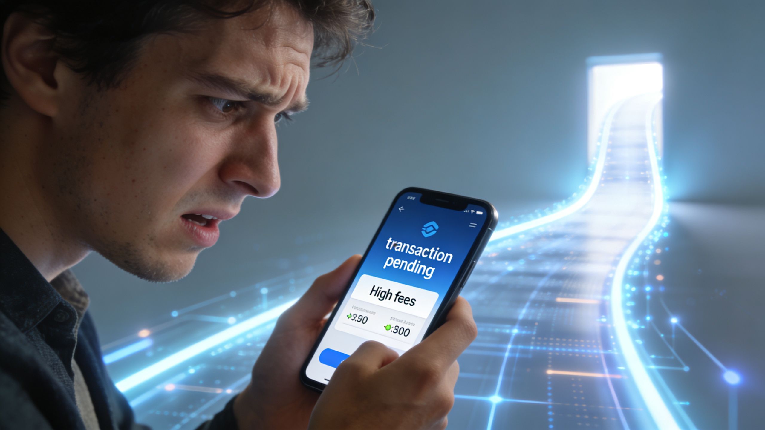 A man looking shocked at his smartphone screen displaying a pending cryptocurrency transaction with high fees.
