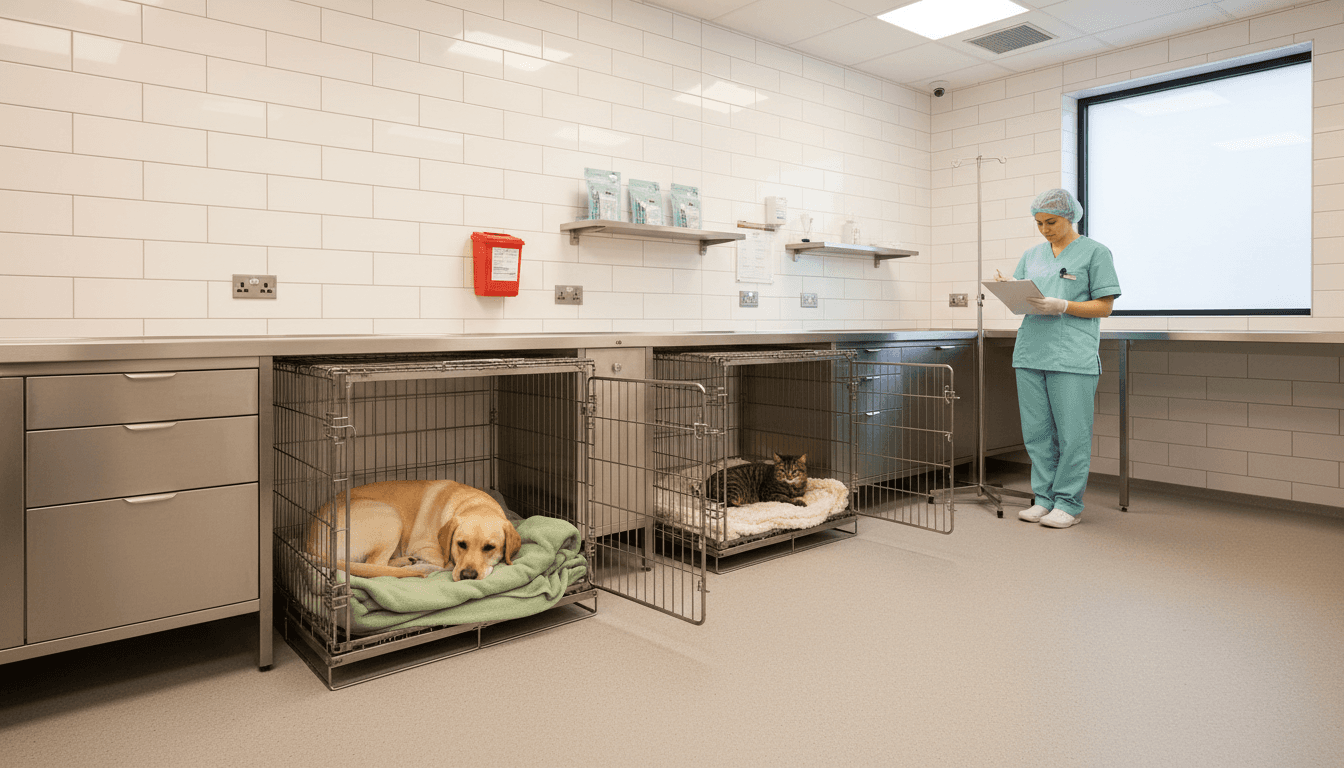 Calm adult dog and cat resting in separate recovery crates post‑op in a clean UK clinic prep room.