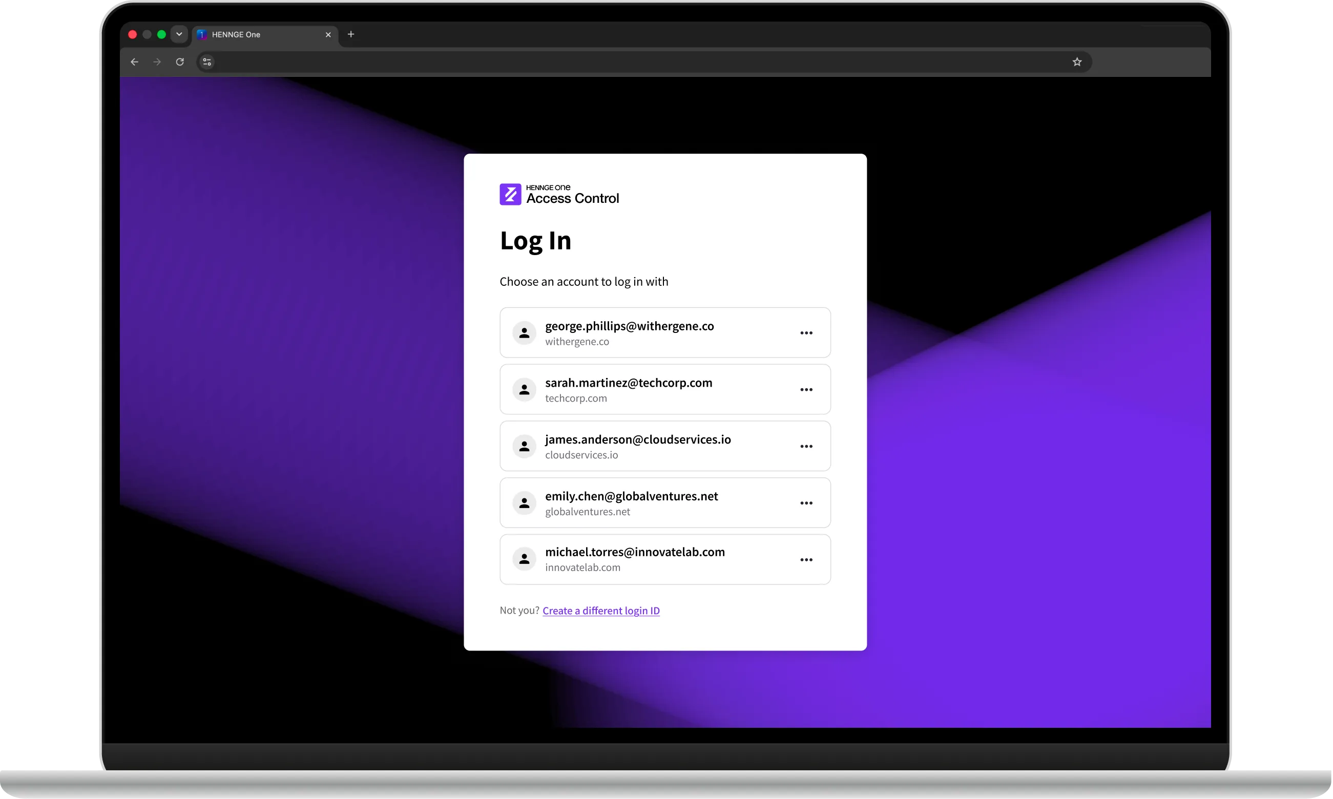 HENNGE Access Control login screen showing a list of user accounts to select from, displayed in a browser on a laptop