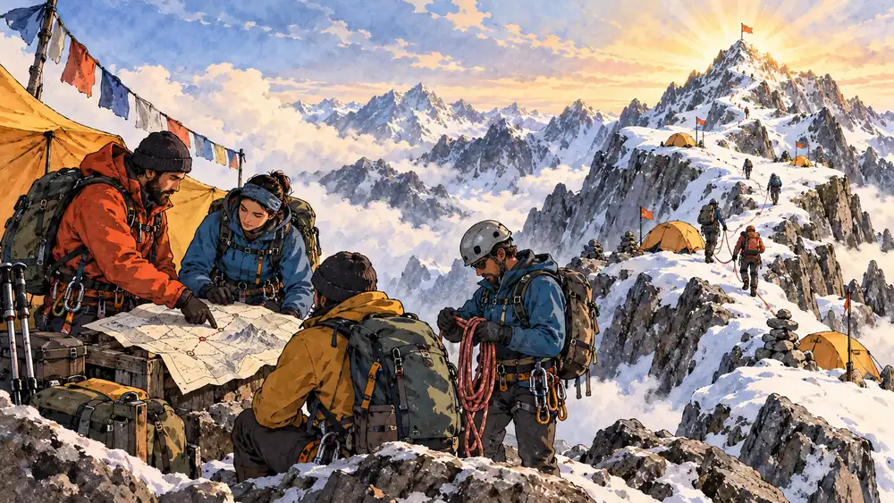 Metaphorical cartoon of the Flowboost team explaining the climbing route to a client