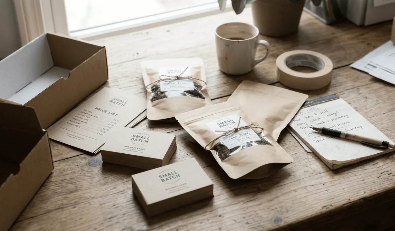A table with boxes, papers, and other items on it