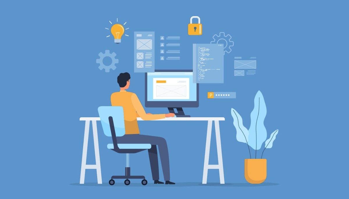 Illustration of a developer working at a computer surrounded by icons for code, security, innovation, and system tools, symbolizing the skills, roles, and hiring process for Django developers including jobs, services, and salary insights.
