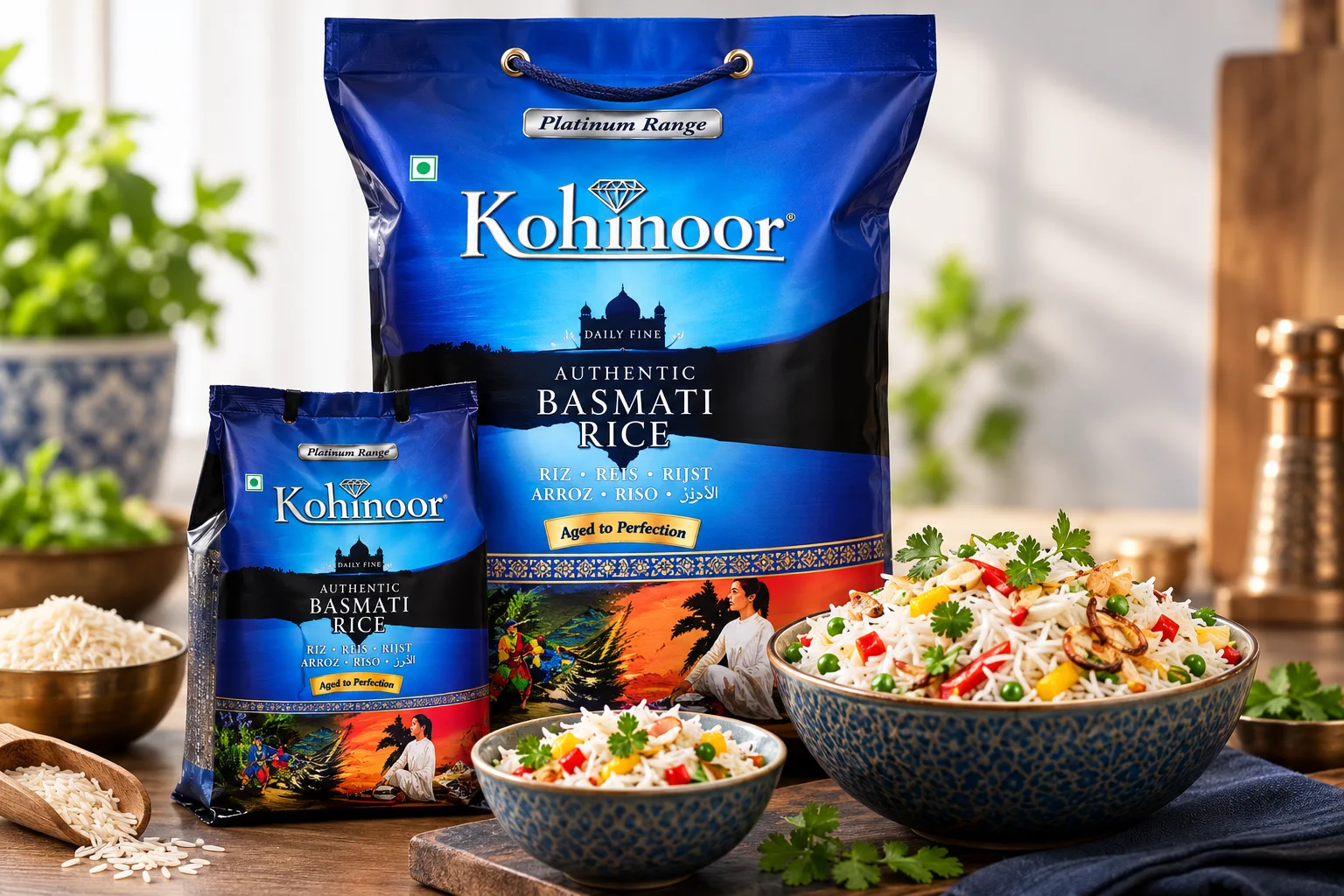 Kohinoor Platinum Range Authentic Basmati Rice bags with two bowls of vegetable biryani on blue cloth