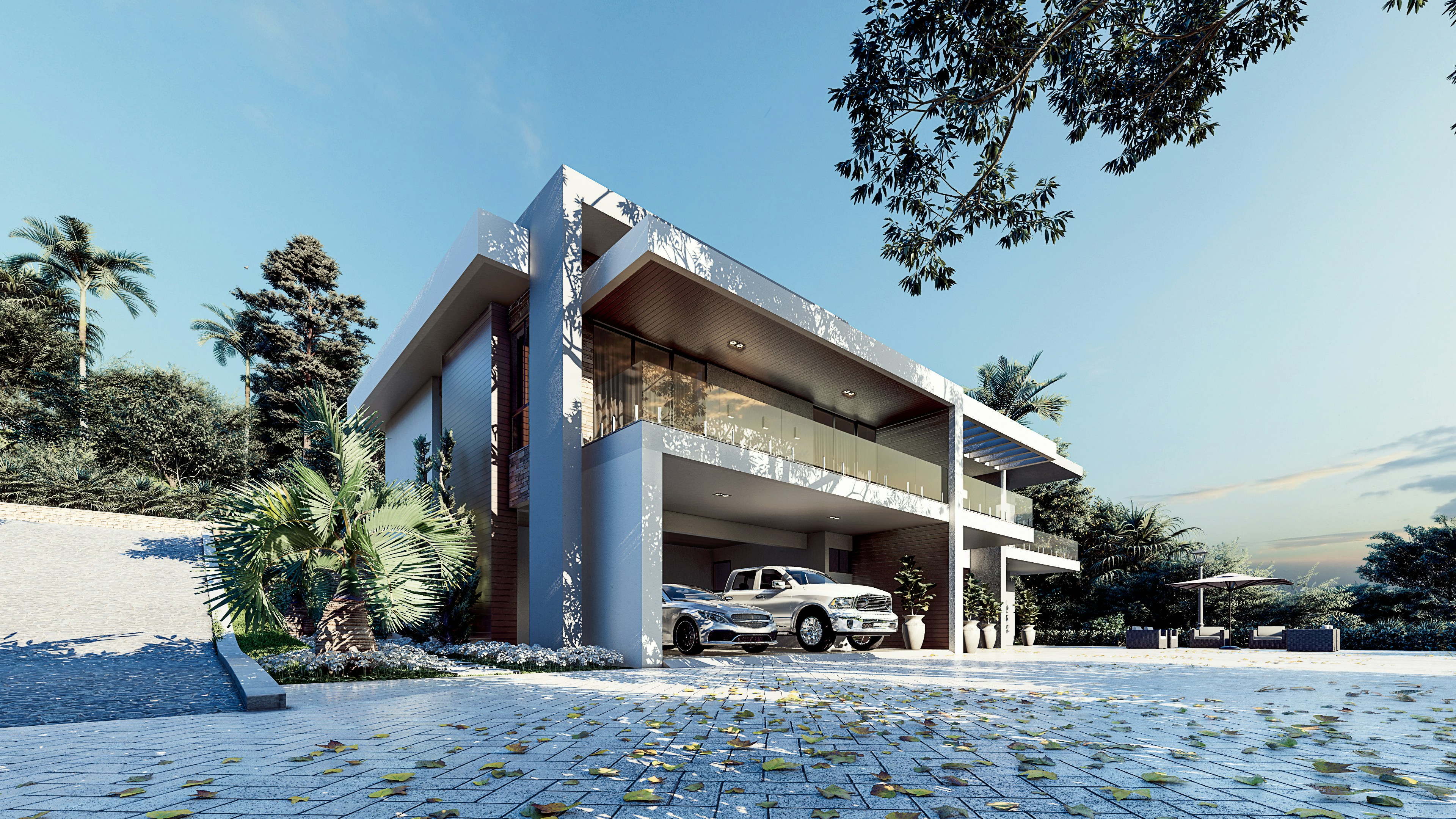 Modern villa exterior rendered in Lumion with white concrete volumes, glass balcony, tropical landscaping, and cars parked under the upper floor.