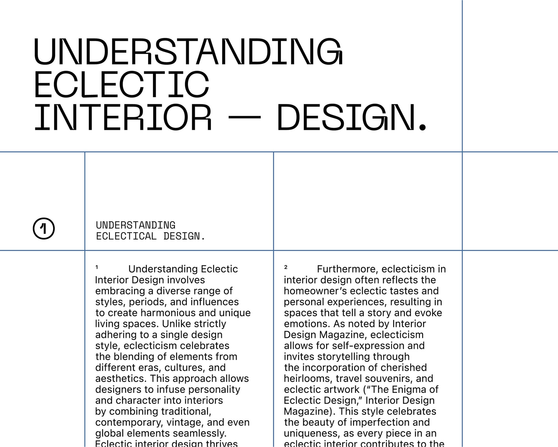 The image features a detailed layout from a magazine article titled "Understanding Eclectic Interior Design," highlighting the merging of diverse cultural and historical elements in home decor for a unique and personalized living space.