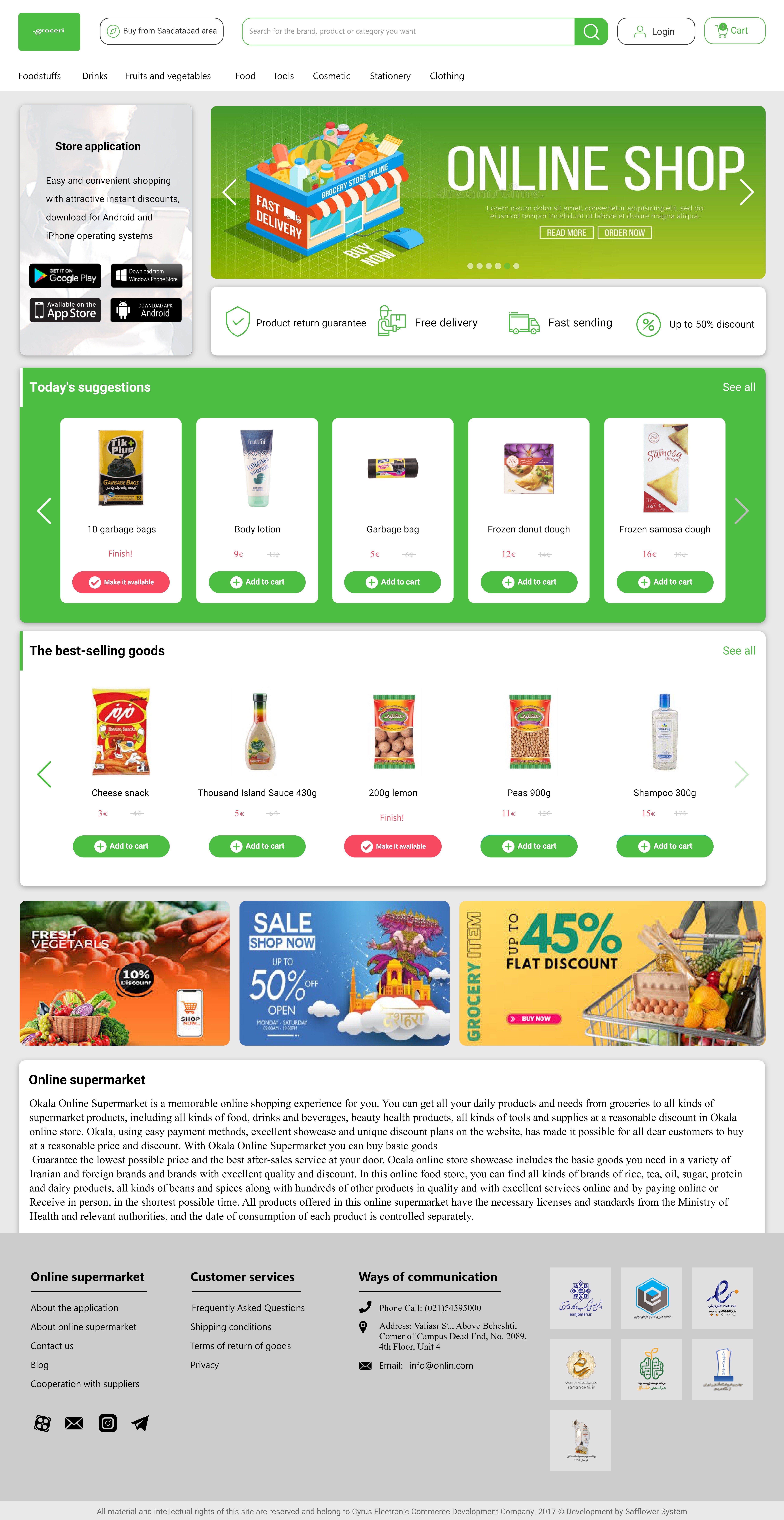 Homepage UI design for an online grocery store website