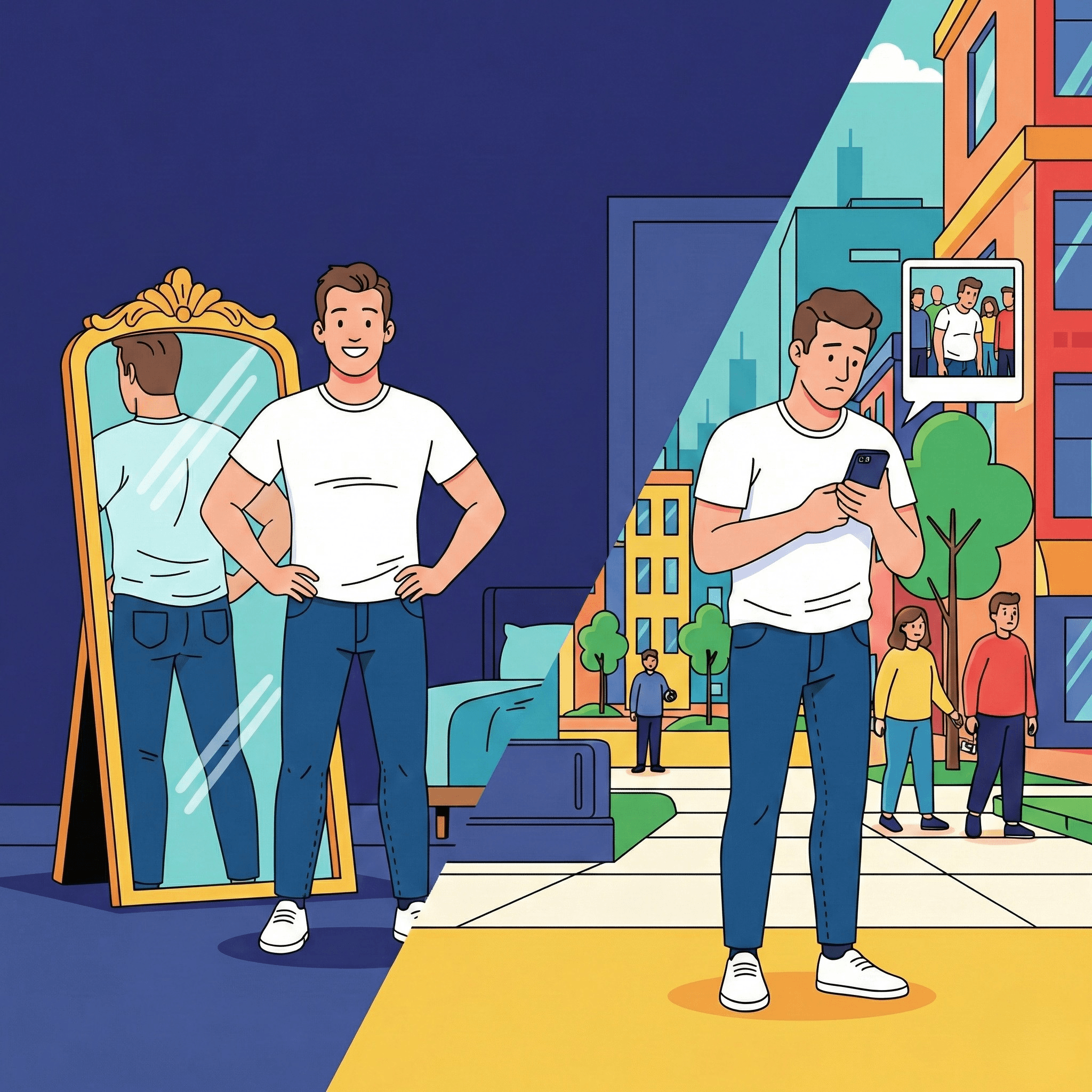 A man looking at his reflection in a mirror vs. a candid photo of the same outfit, showing how Monova's AI improves fit.