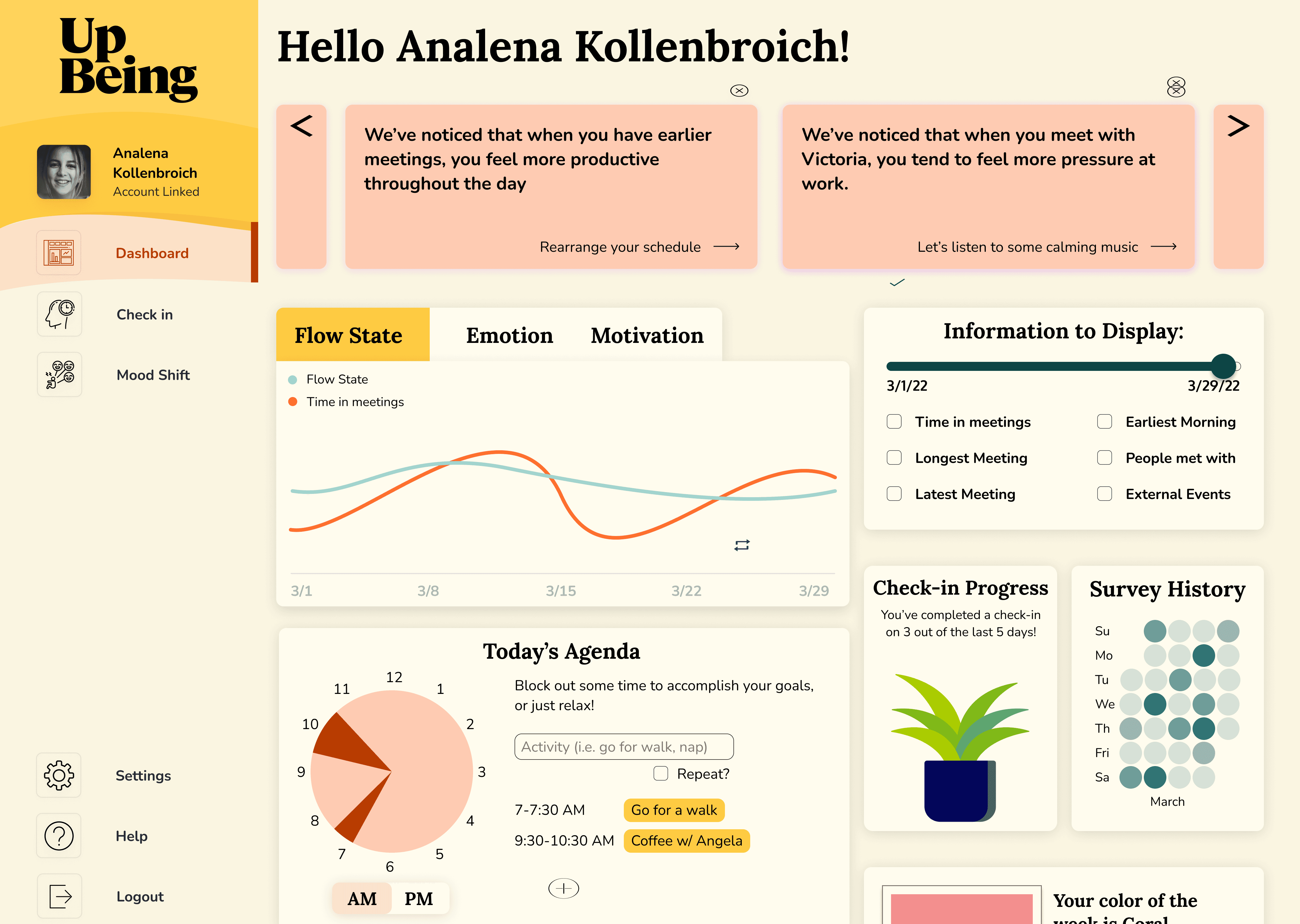 UpBeing dashboard showing mood trends, daily insights, and navigation to emotional wellness activities.