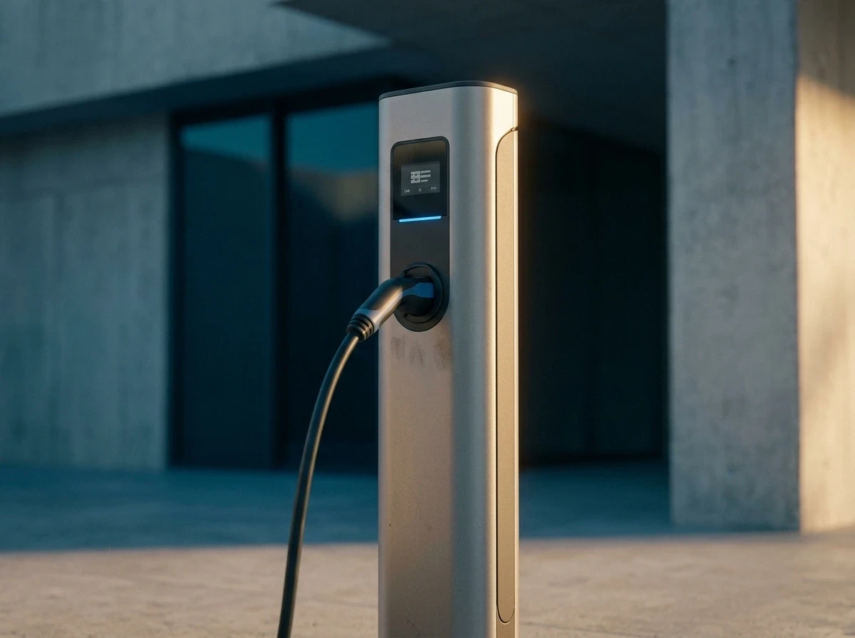 Electric car charging at an EV station with a glowing blue cable.