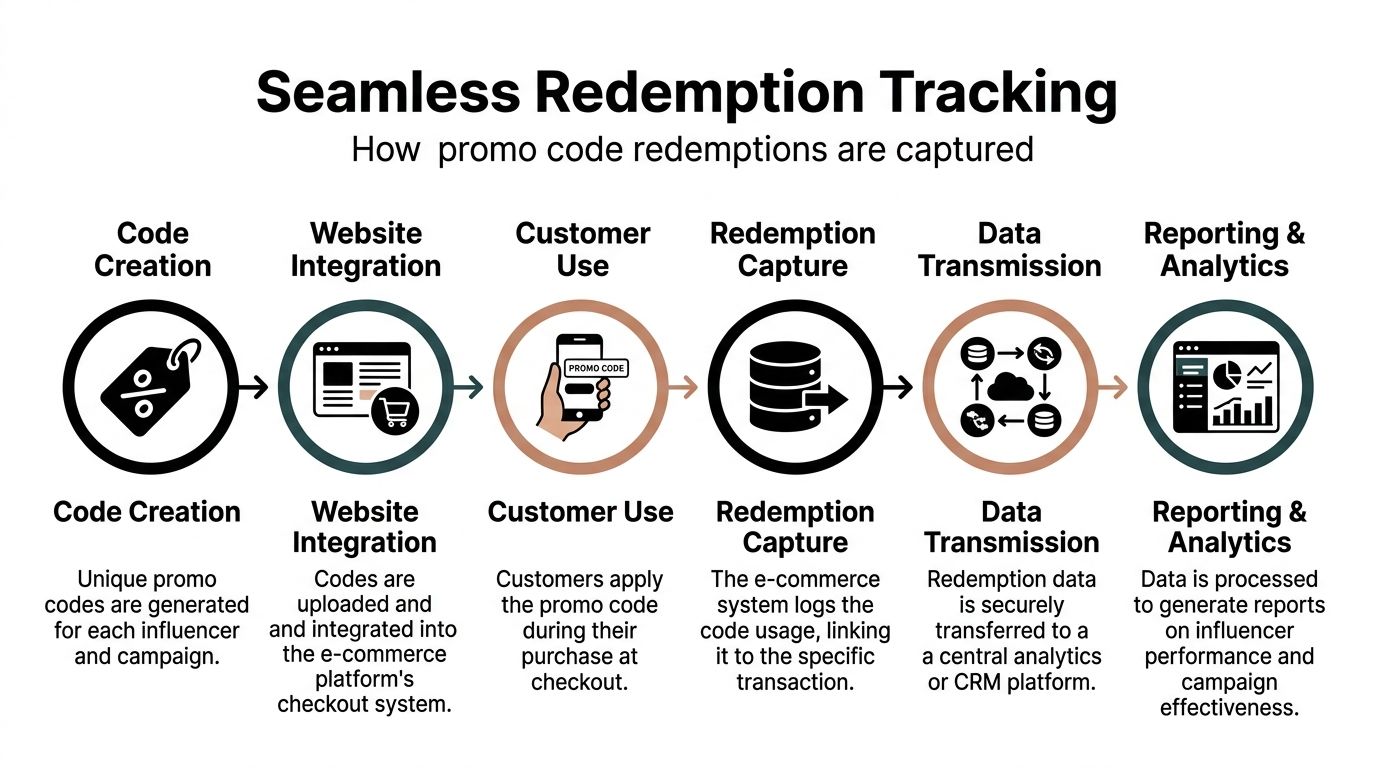 A flow chart illustrating the step-by-step process of capturing and tracking influencer promo code redemptions.