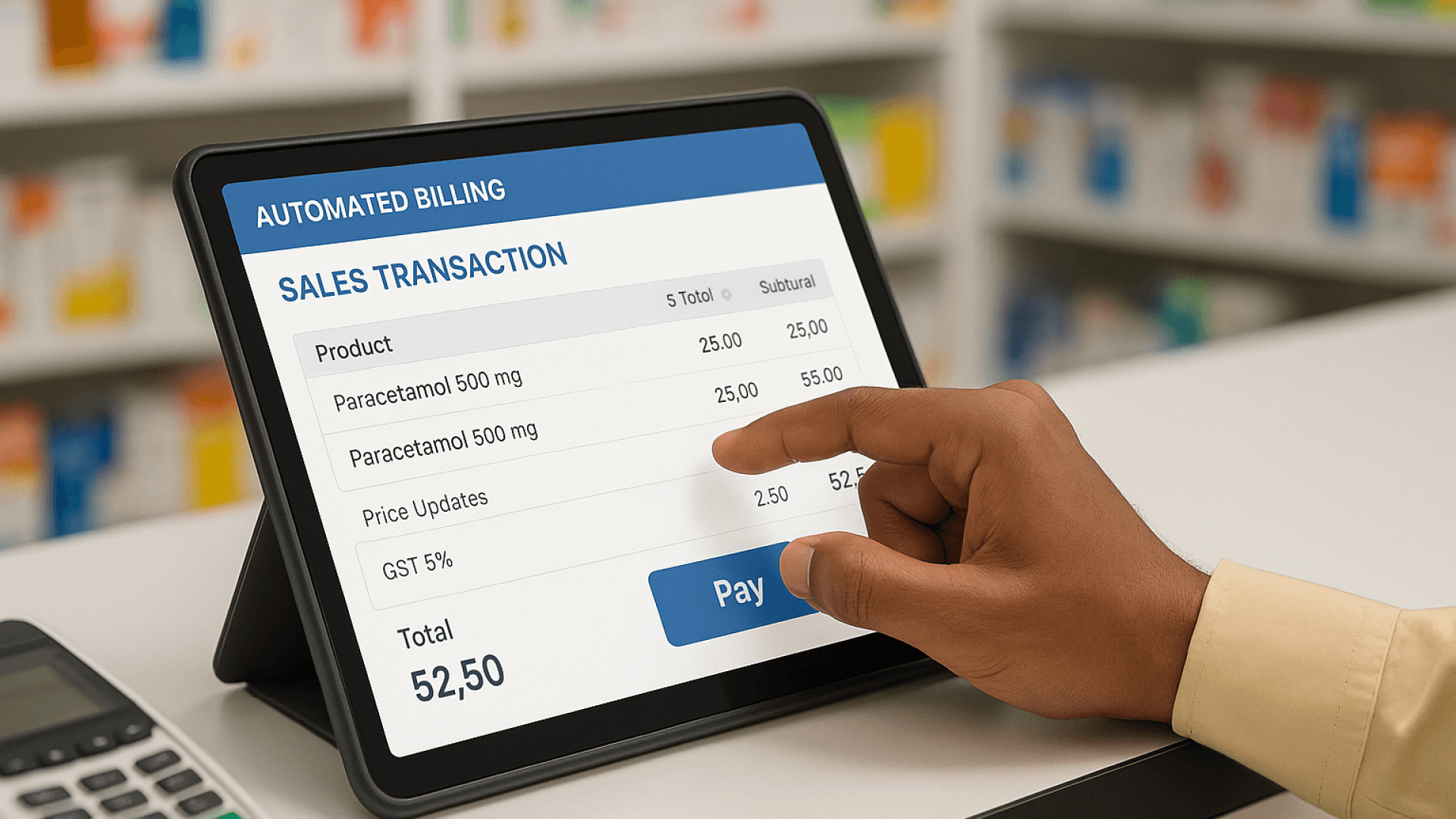 Close-up of Indian pharmacist analyzing digital sales trend and inventory turnover graphs on a pharmacy management software screen