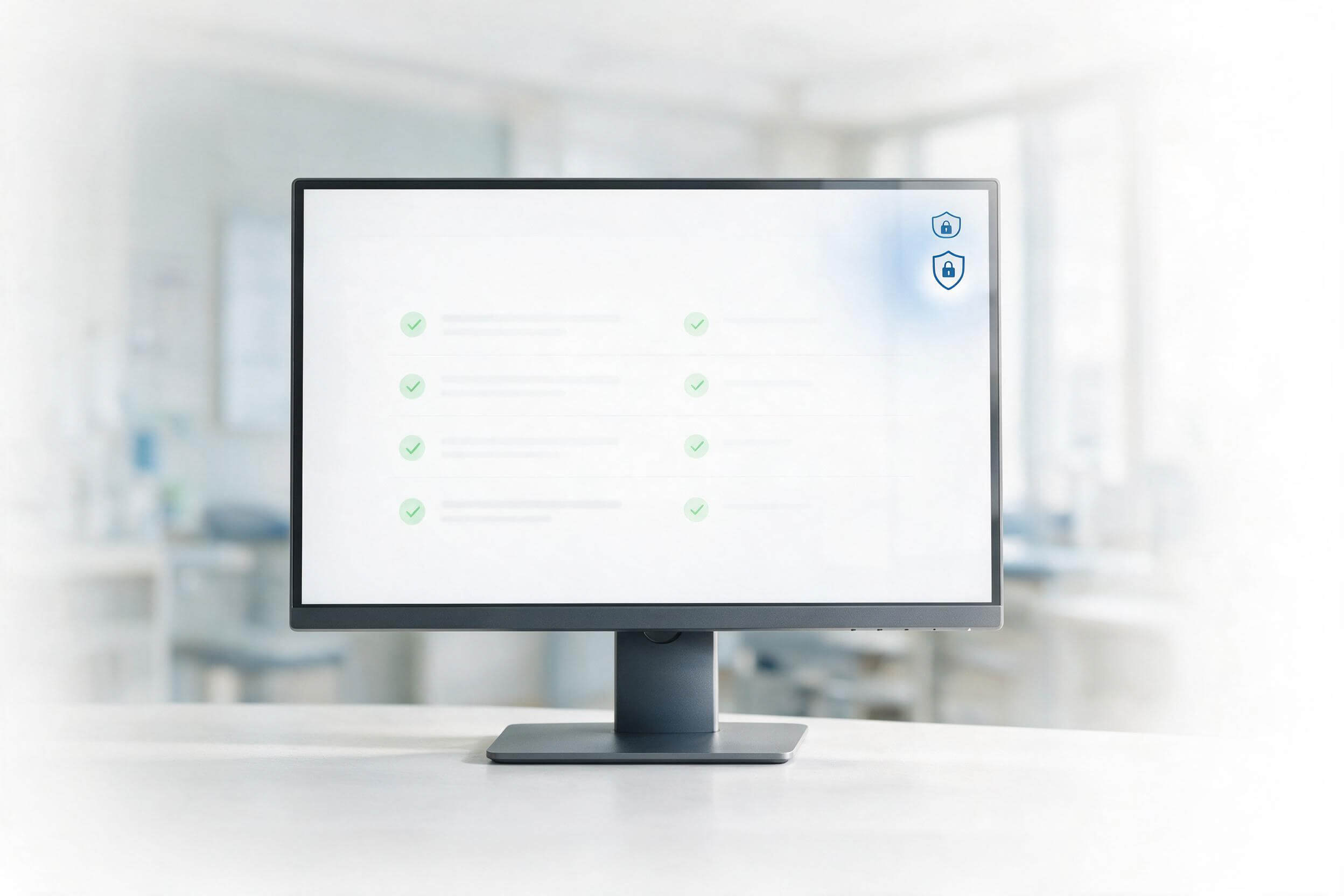 Monitor afișând o listă de verificare cu documente confirmate și o pictogramă de securitate, simbolizând controlul și conformitatea GDPR în Evolvo.
