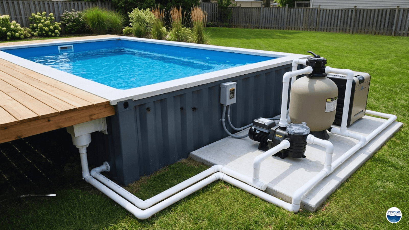 Plumbing and filtration system setup for shipping container pool installation
