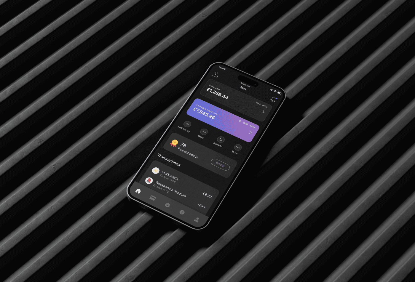 Fintech app mobile on a dark carbon style background