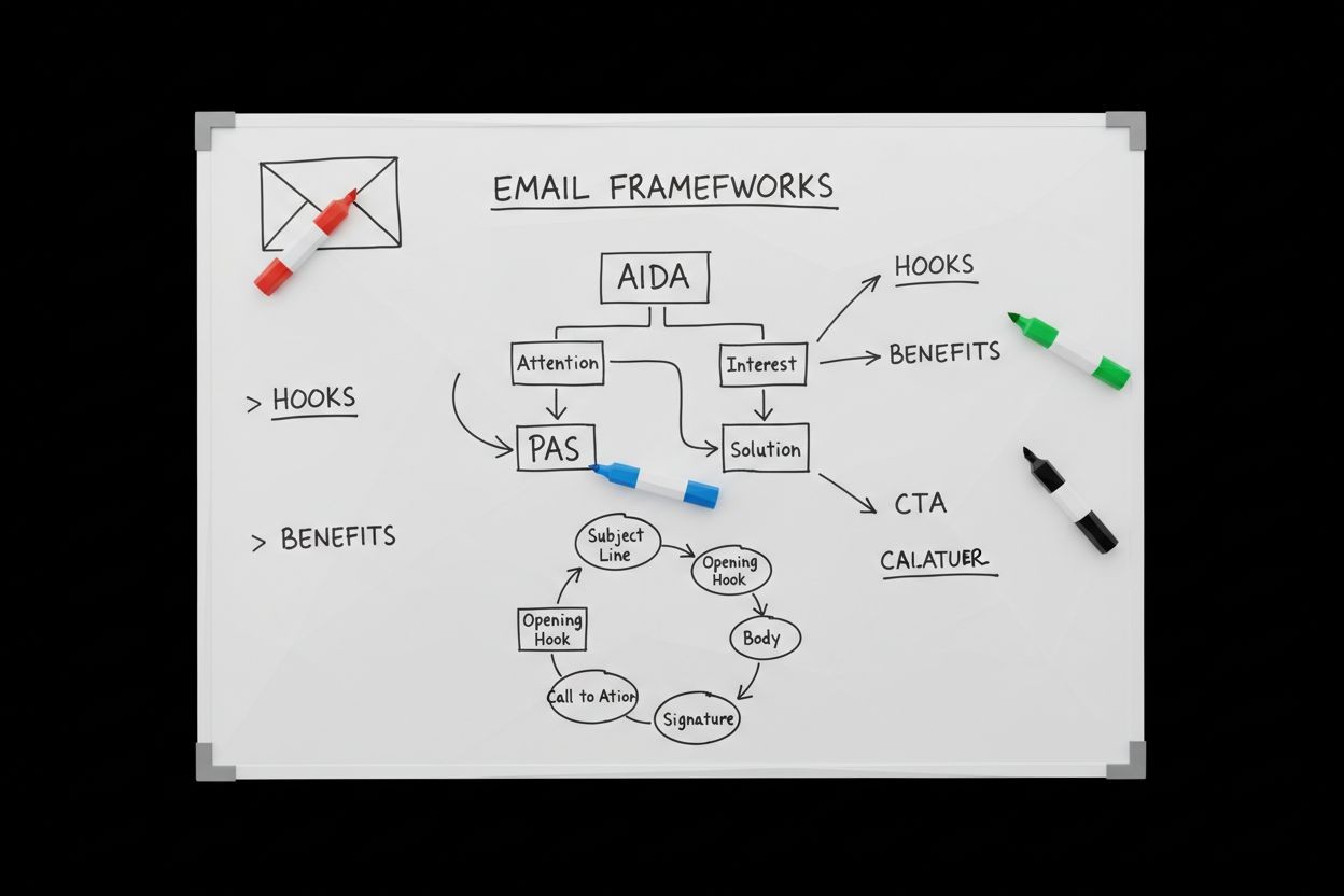 Cold email copywriting frameworks on a whiteboard