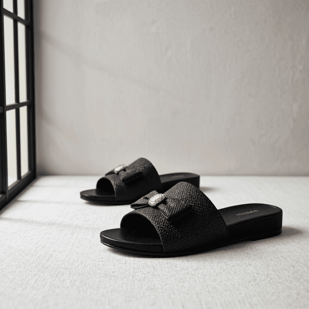 product photography of a pair of fashionable slide sandals with decorative bows