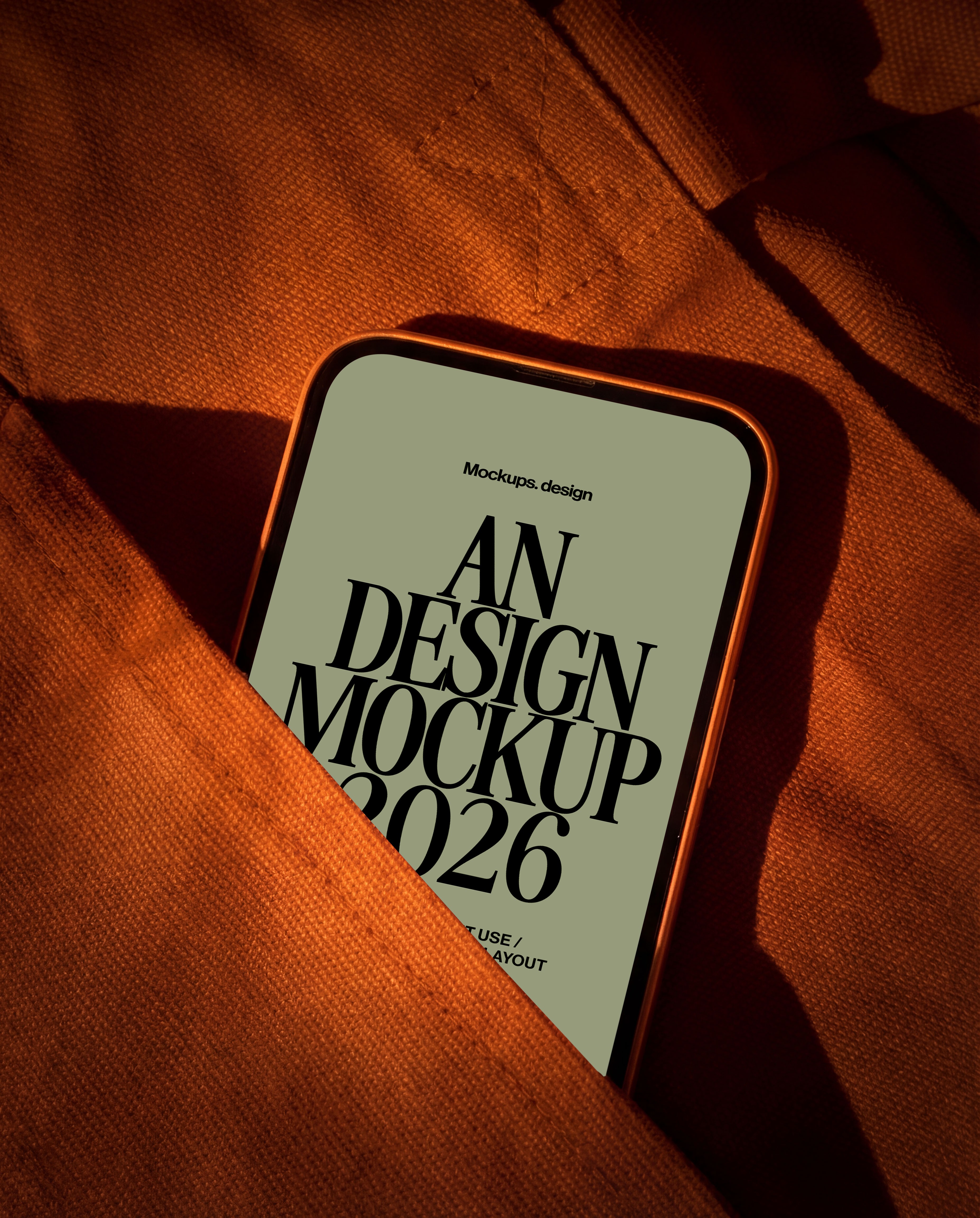 iPhone 16 mockup in pocket, realistic hand-held style