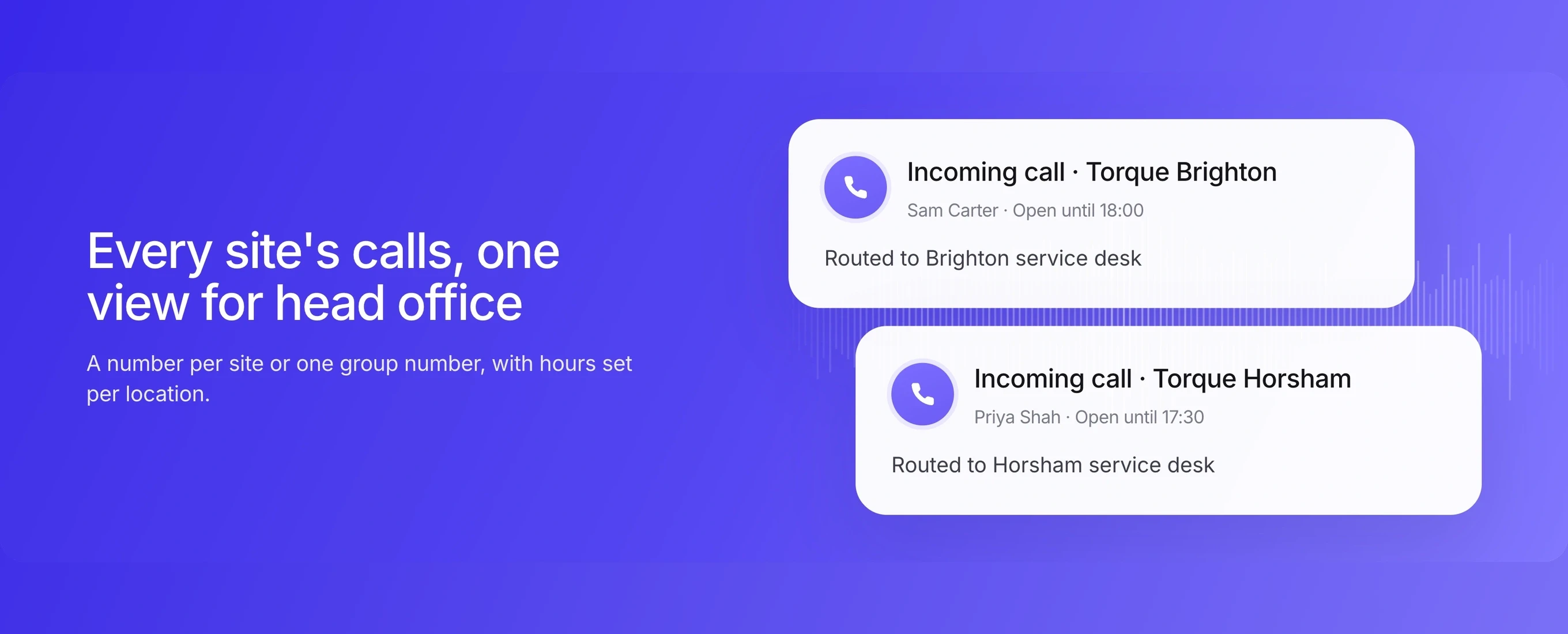 A graphic reading Every site's calls, one view for head office, with calls routed to the Brighton and Horsham service desks