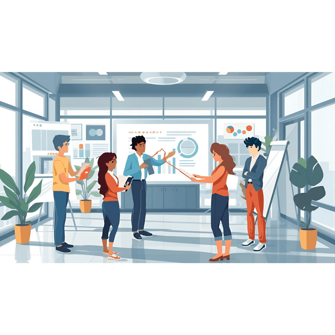 Image with people standing in office and discussing real examples to help you understand cost better