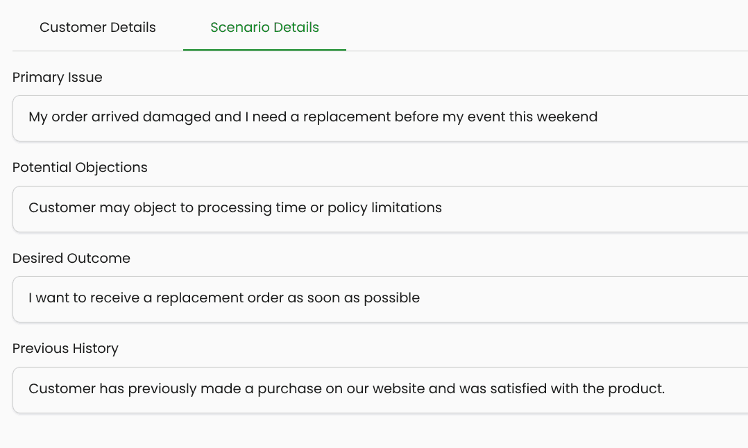 Screenshot of the Create Scenario modal showing both tabs — Customer Details and Scenario Details — with the fields visible.
