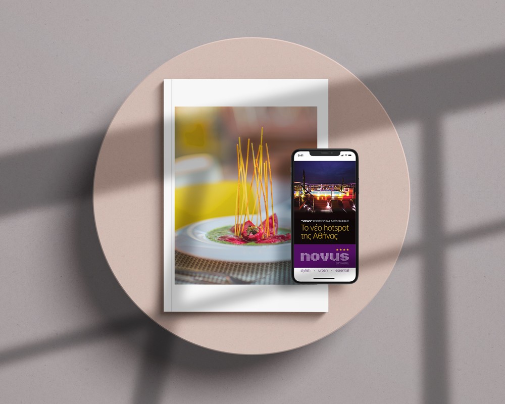 Print and digital applications for Novus City Hotel, from brochure to mobile communication