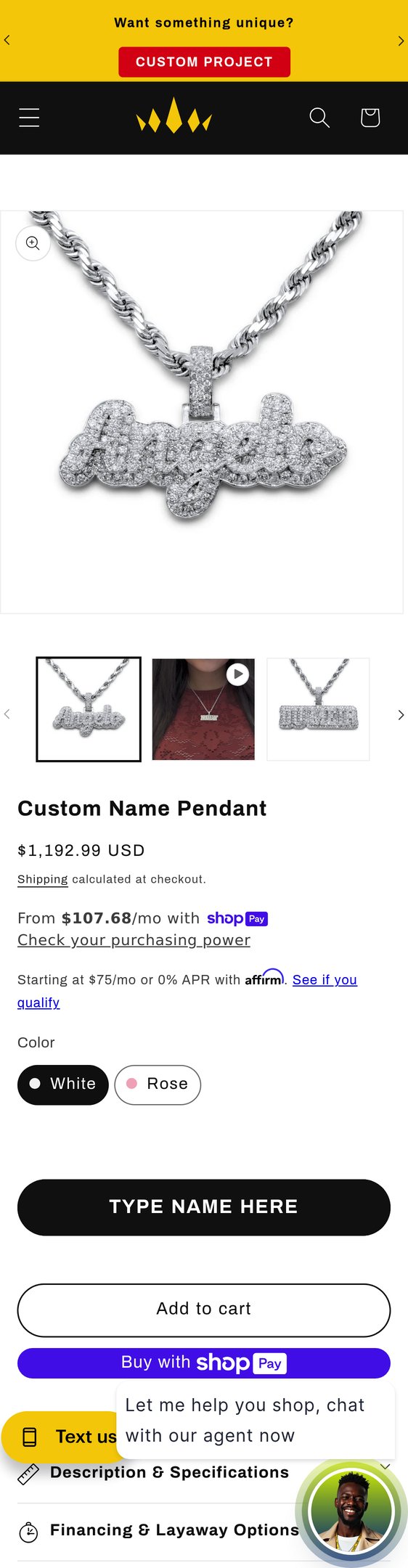 Jewelry product options include: pendant, chain for Custom Name Pendant from NYC Luxury.