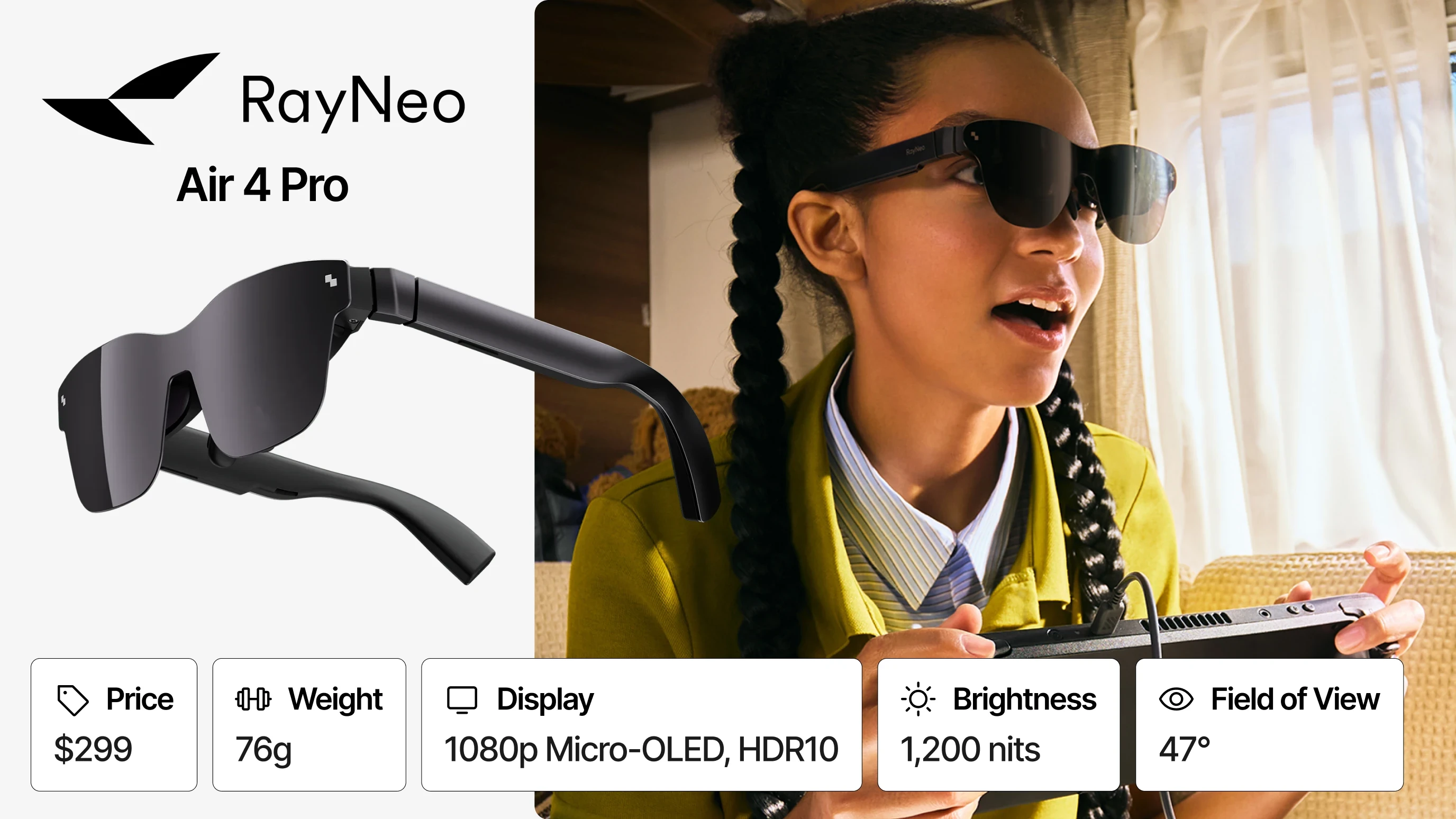 RayNeo Air 4 Pro glasses beside a person wearing them and holding a gaming device.