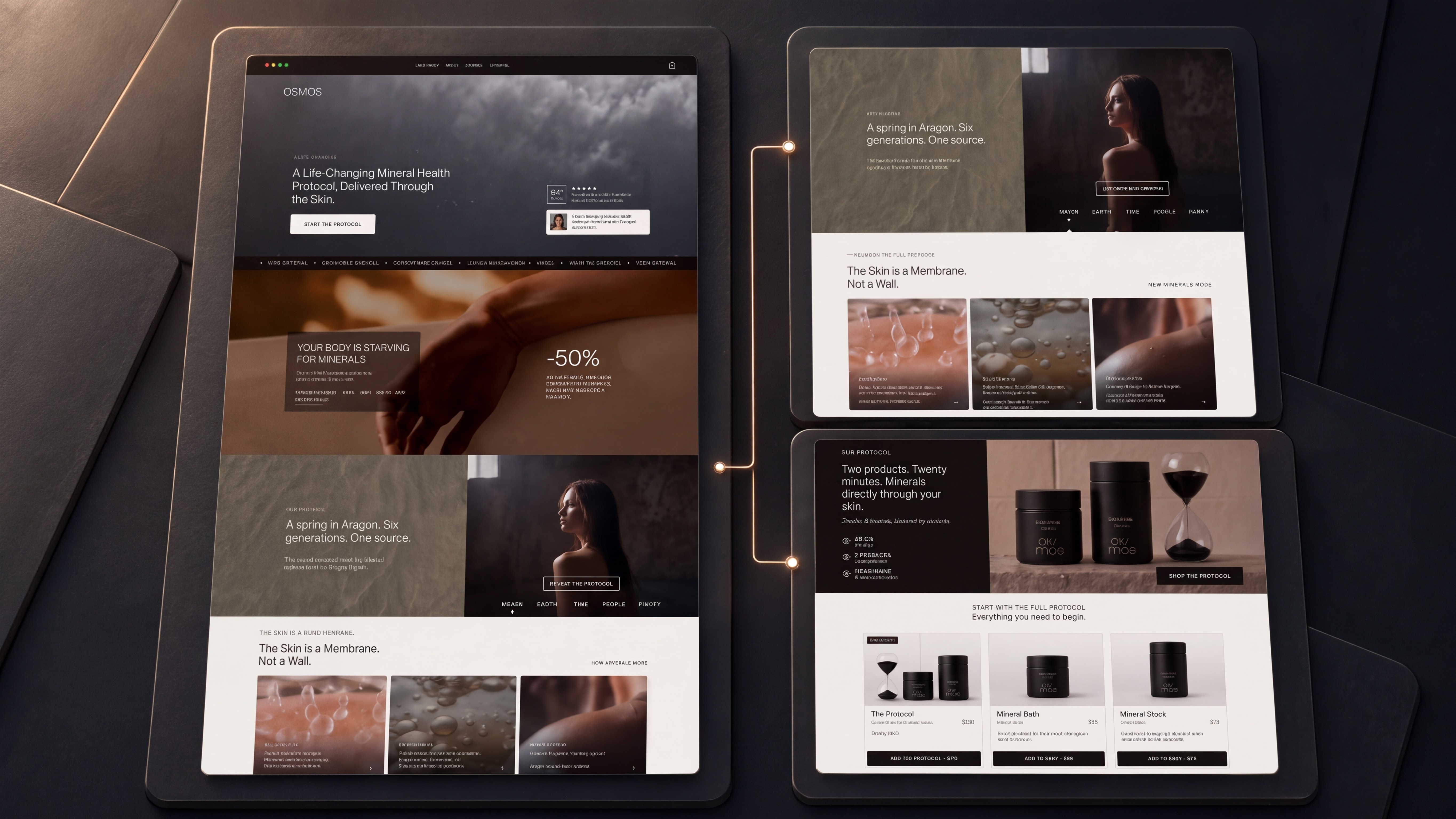 OSMOS Shopify screens showing the product system, component details and purchase choices in sequence.