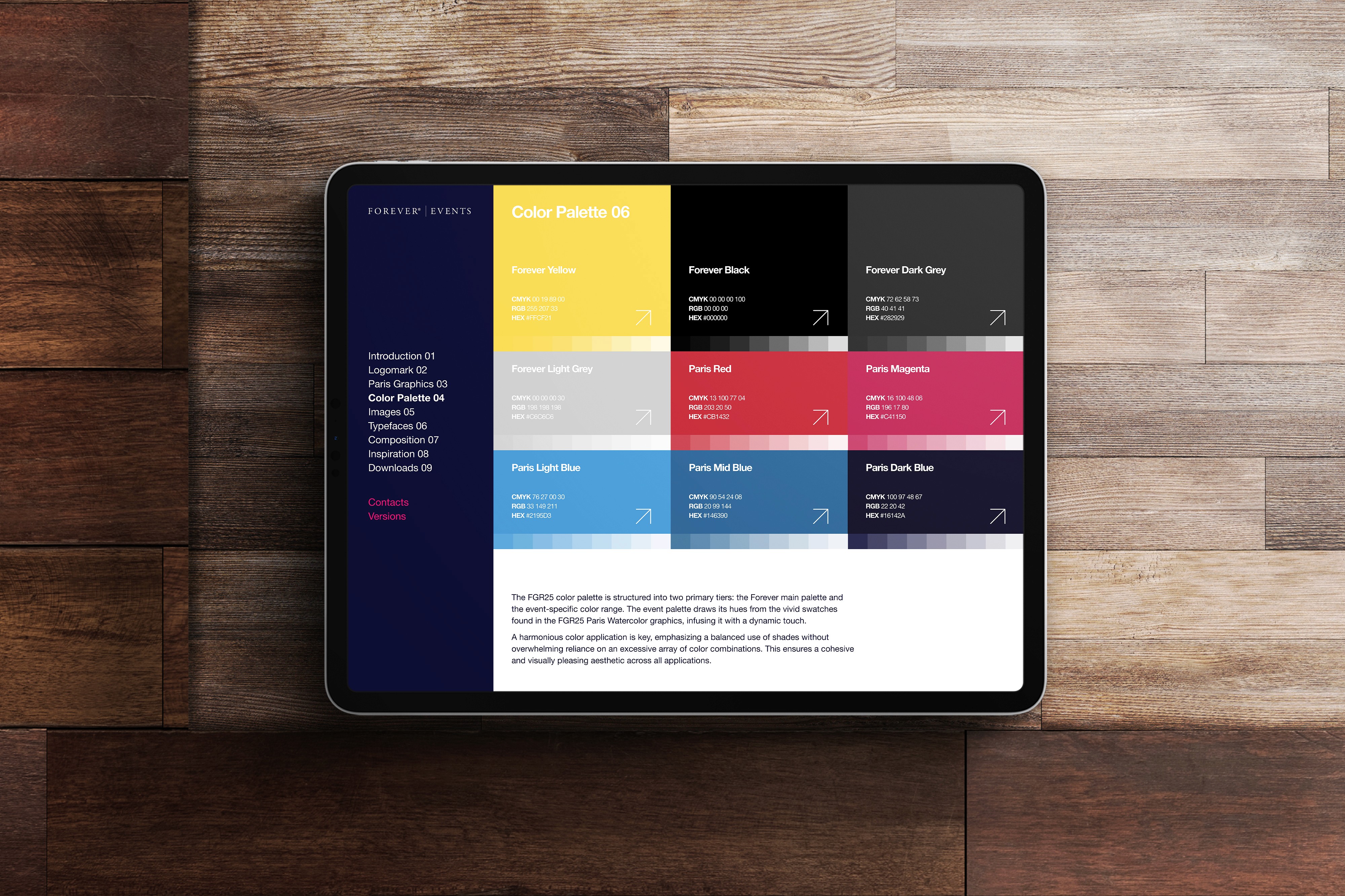 Event style guide set on an iPad on a wooden background