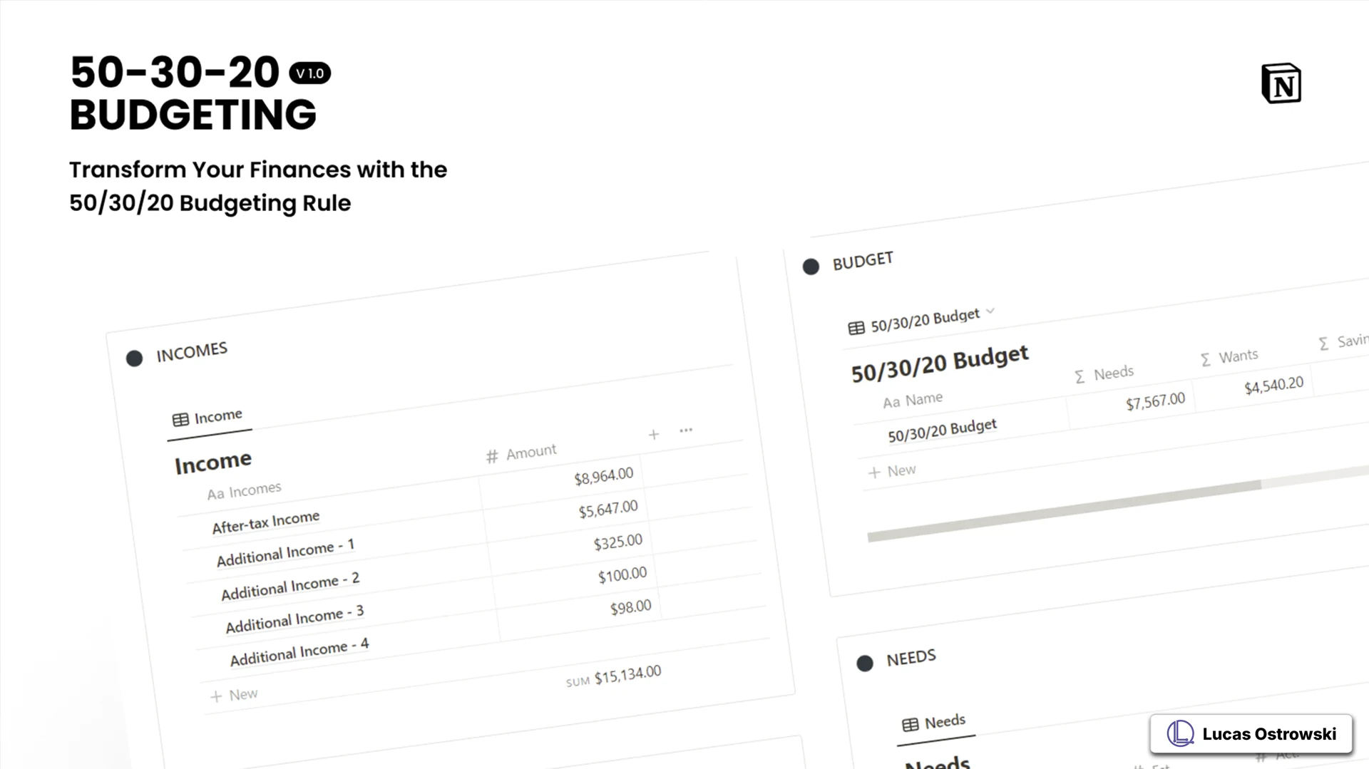 Free Notion 50/30/20 budgeting template showing income tracking interface with multiple income streams and budget allocation sections. Clean layout displays the template's structure for implementing the 50/30/20 rule