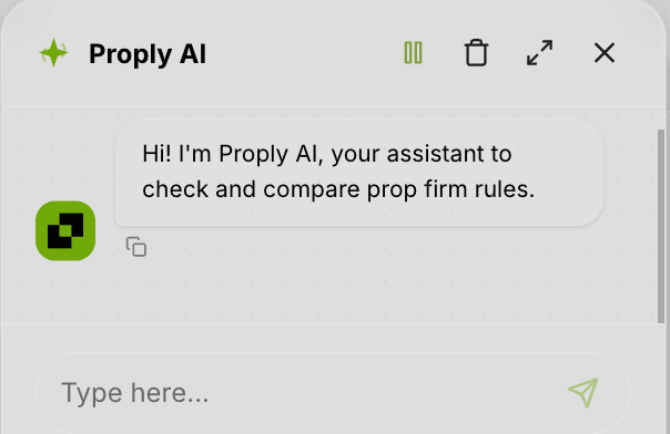 Proply AI chat widget showing a welcome message to compare prop firm rules