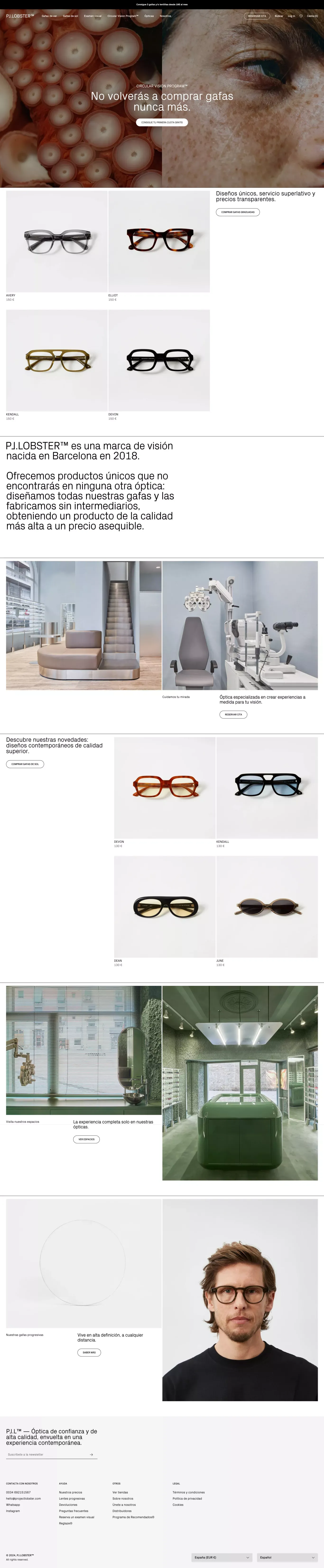 PJ.LOBSTER™ Contemporary visioncare® ecommerce page screenshot showcasing Ecommerce and Fashion design