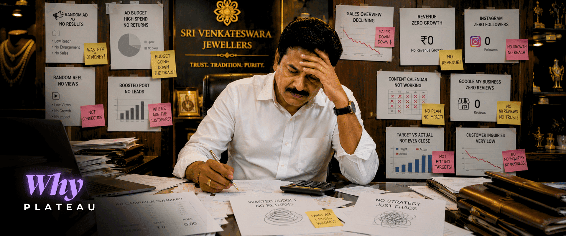 Multi-generation Indian family jewellery store owners discussing business growth