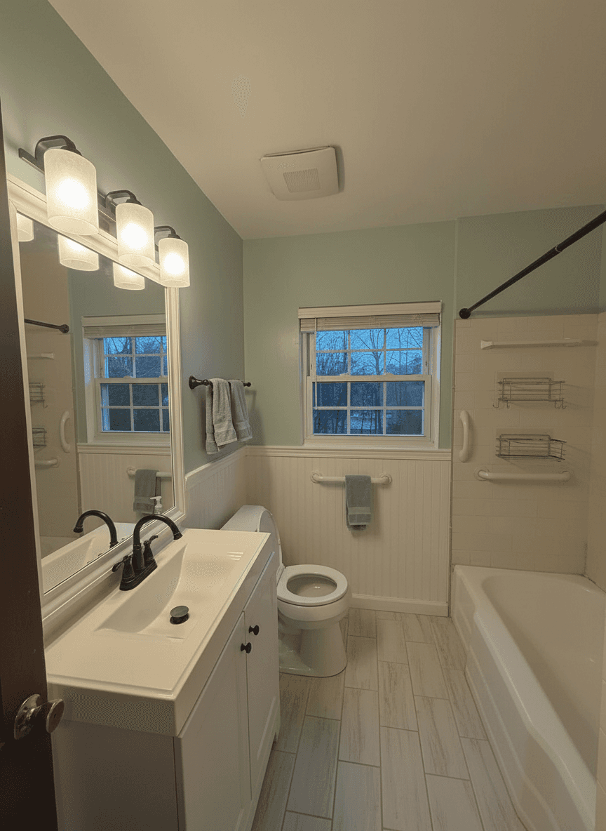 Coastal direction — sea glass green walls, beadboard tub surround, wood-look floor
