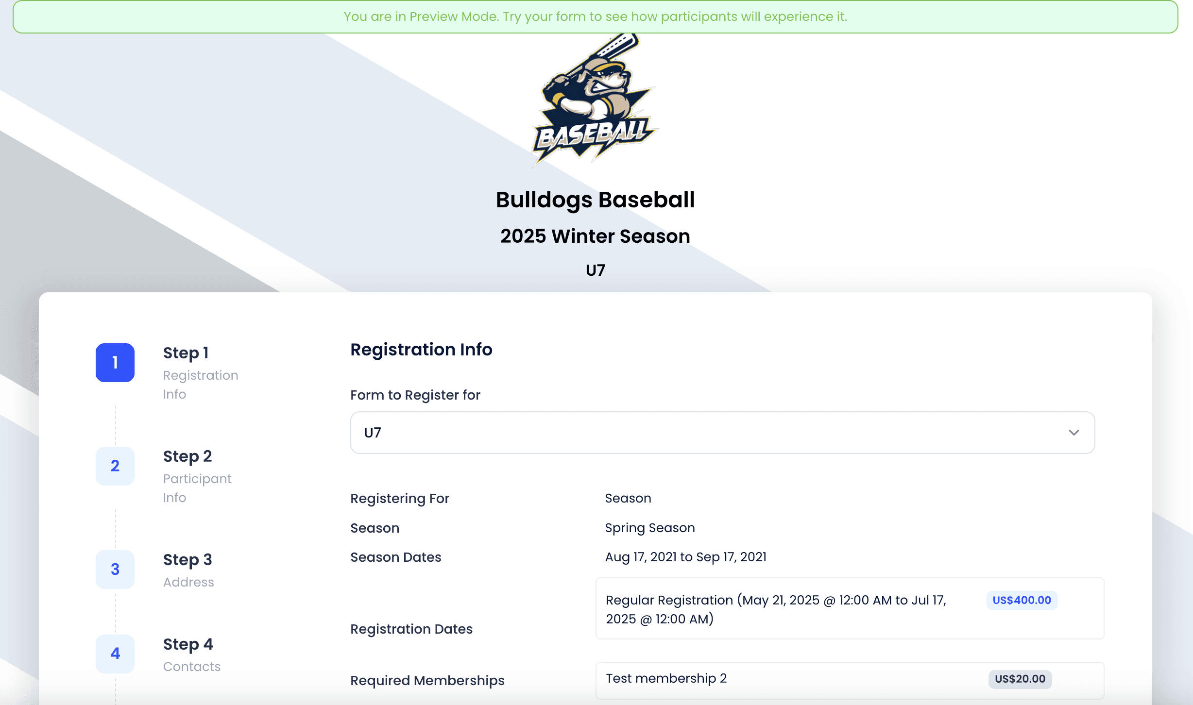 TeamLinkt's Preview Registration Form Tool