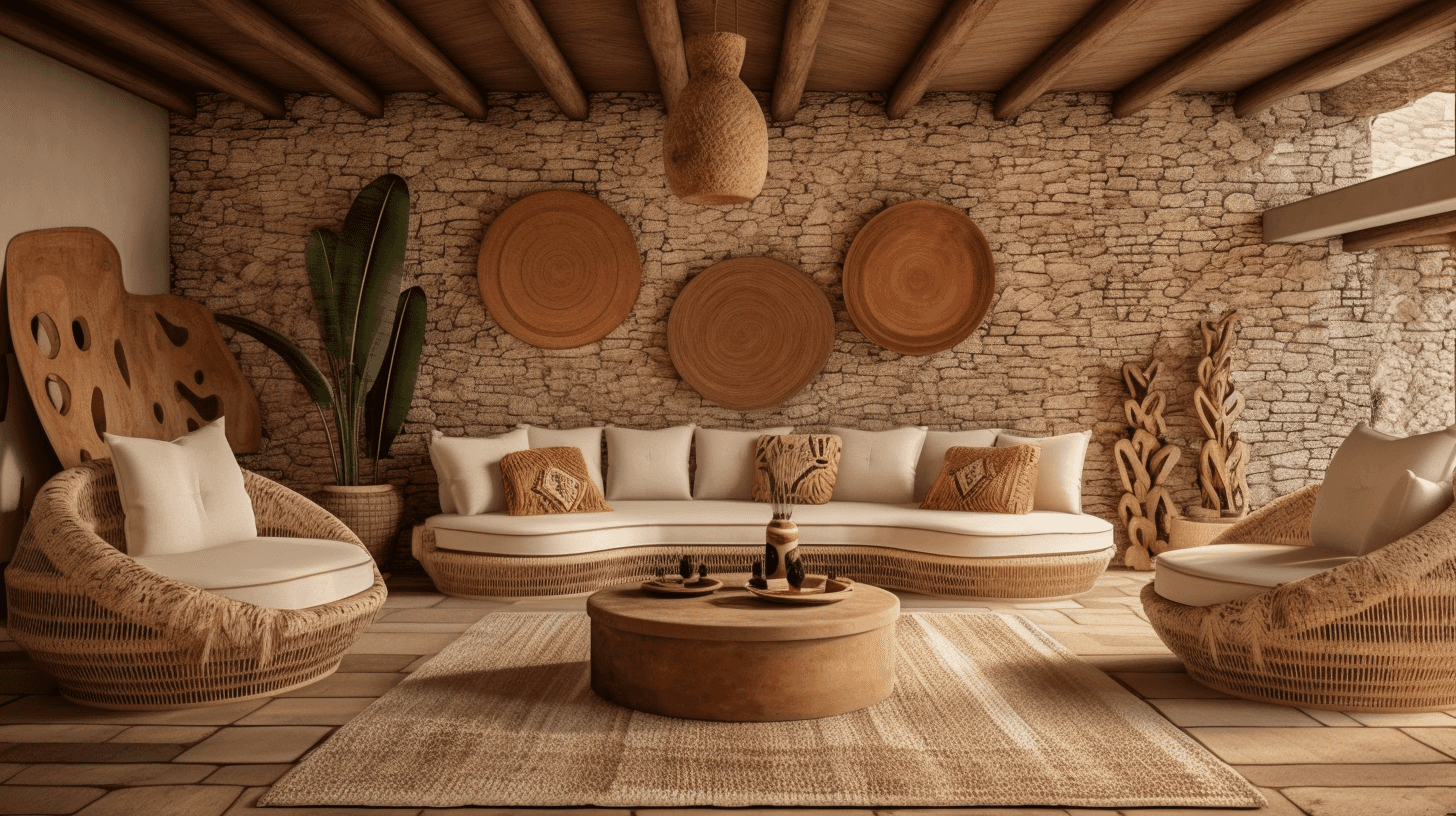 Warm bohemian living room with stone wall, wicker furniture, circular wall art, and wooden beam ceiling