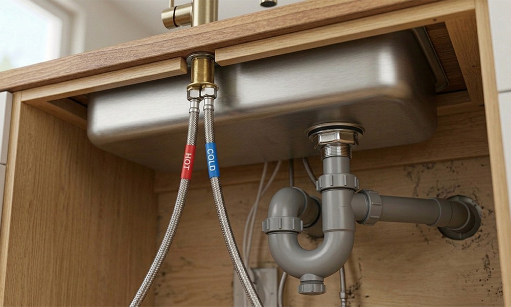 Unterseite eines Einbaubeckens mit gekennzeichneten Wasserzulaufleitungen und Siphon-Anschluss