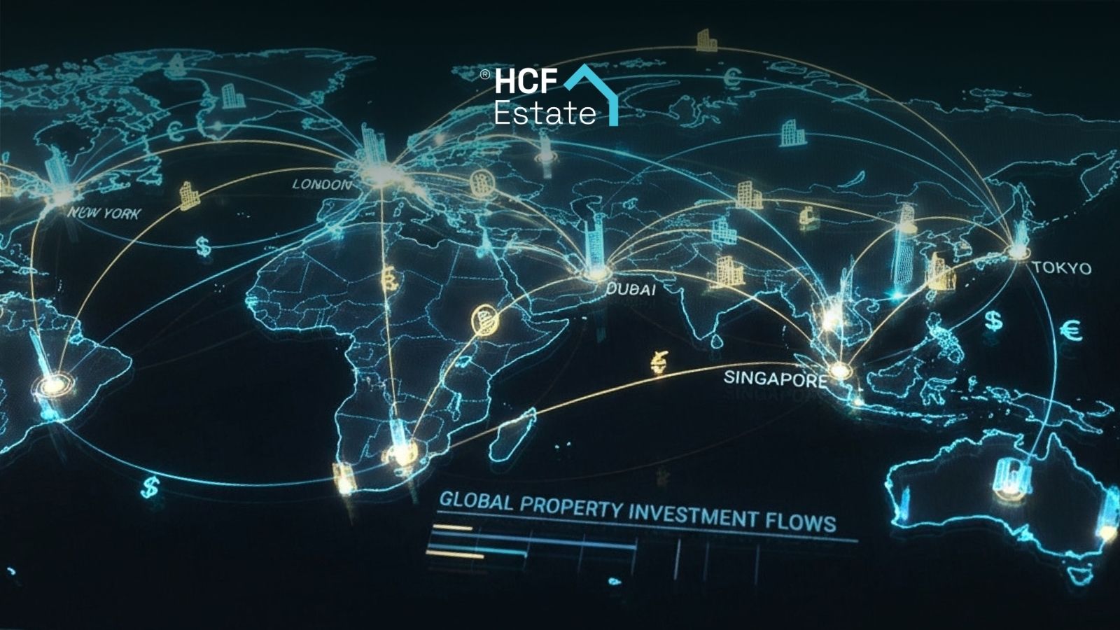 Global map showing cross-border real estate investment through blockchain tokenization