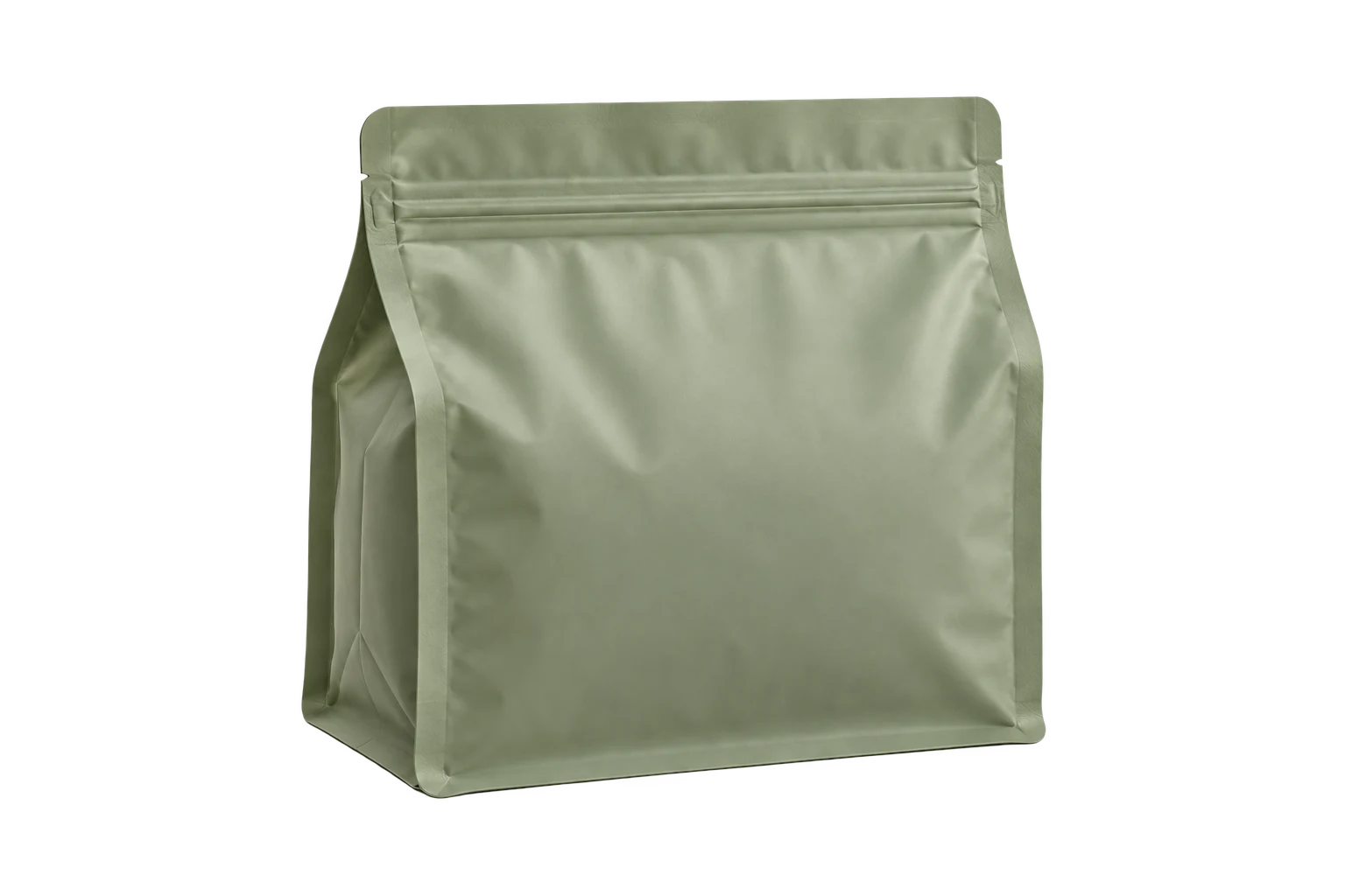 Product visualization of a sage flat-bottom zipper pouch with rectangular base and side gussets, isolated on a transparent background.