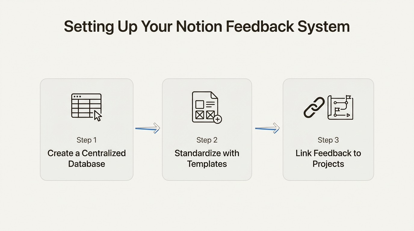 A three-step workflow showing how teams create a database, use templates, and link feedback to projects in Notion.