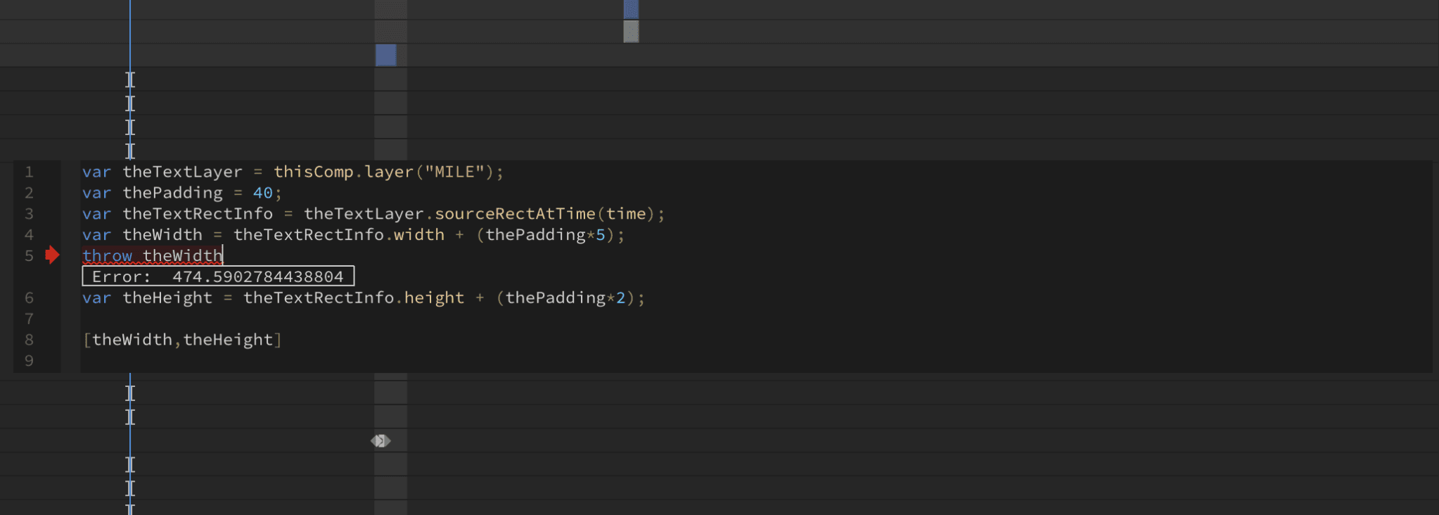 After Effects expression editor showing JavaScript code used to calculate text layer dimensions.