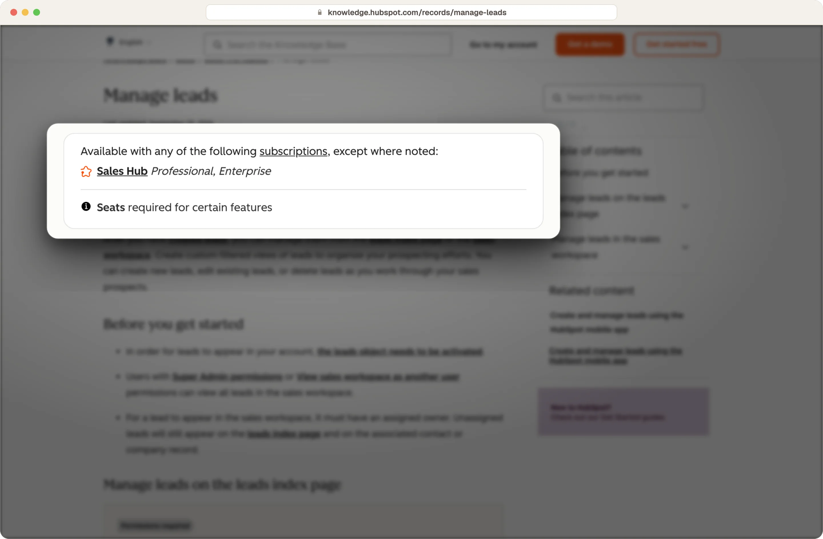 HubSpot knowledge base showing the Leads object is available on Sales Hub Professional and Enterprise