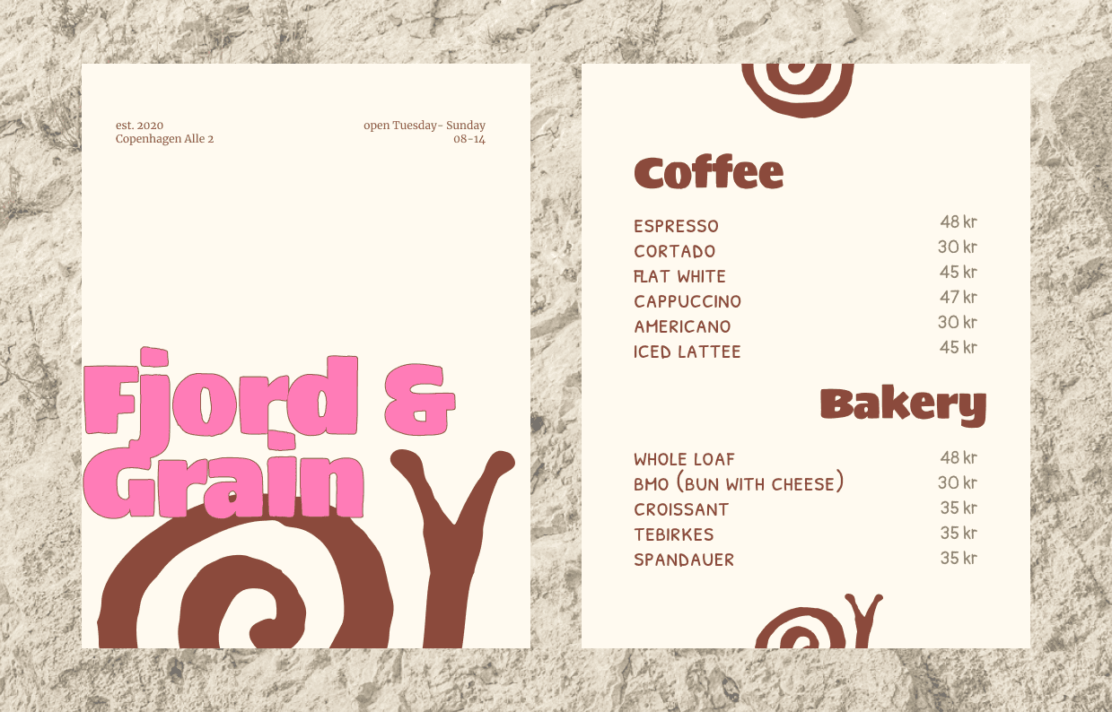Menu featuring "Fjord & Grain" with coffee options on one side and a decorative geological texture background.