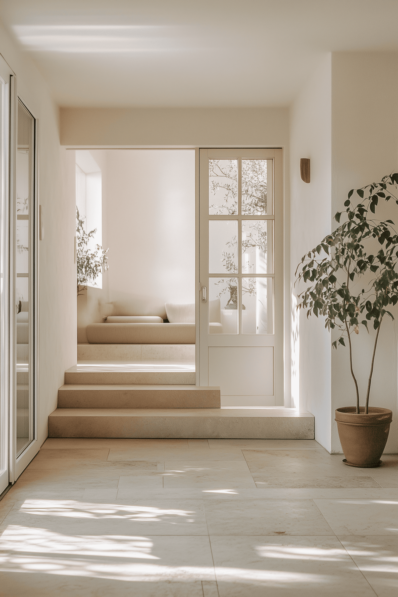 white and neutral passage way with a plant pot
